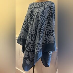Elena Baldi Made in Italy 100% Linen Blue Print Poncho Top One Size